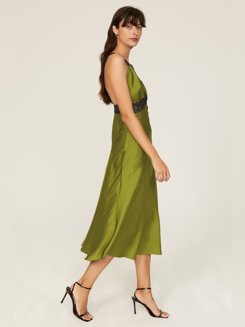 Anthropologie green slip dress with black lace size large - Picture 3 of 13